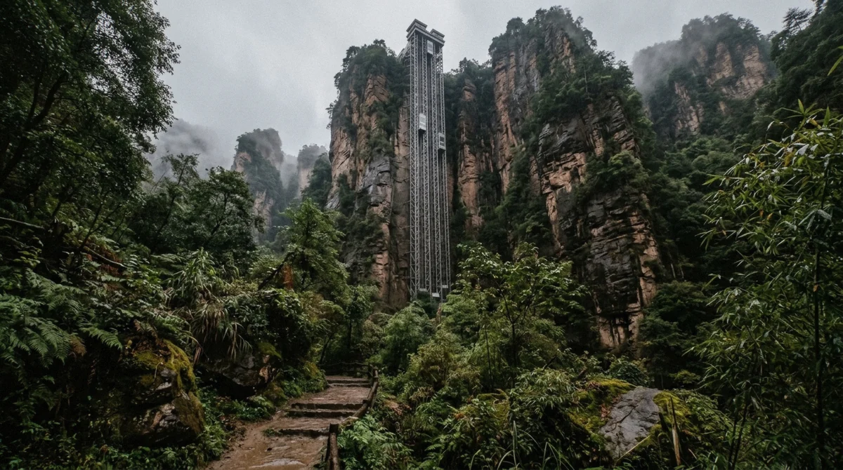 The Bailong Elevator glass lift shaft bolted to a sandstone cliff, the paid ride to Yuanjiajie on Zhangjiajie National Forest Park tours in Hunan, China