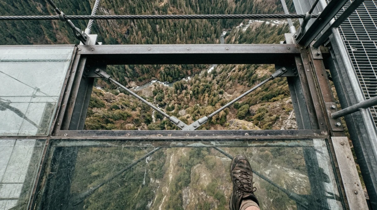 Looking down through the transparent deck panels of the Zhangjiajie glass bridge to the forested gorge far below, Hunan China