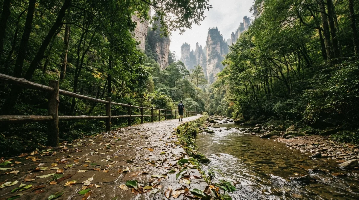 Clear stream and paved path under tall stone pillars along Golden Whip Stream, the valley walk included in most Zhangjiajie National Forest Park tours, Hunan China
