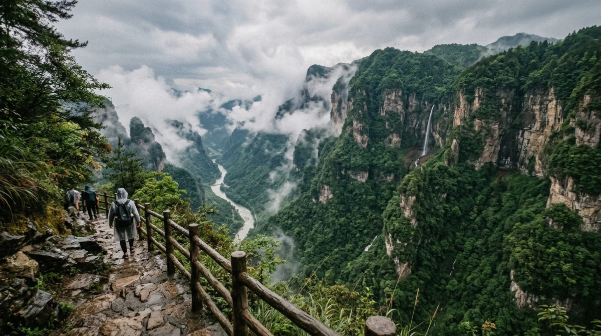 The forested Zhangjiajie Grand Canyon gorge seen from the rim path below the glass bridge, Cili County, Hunan China