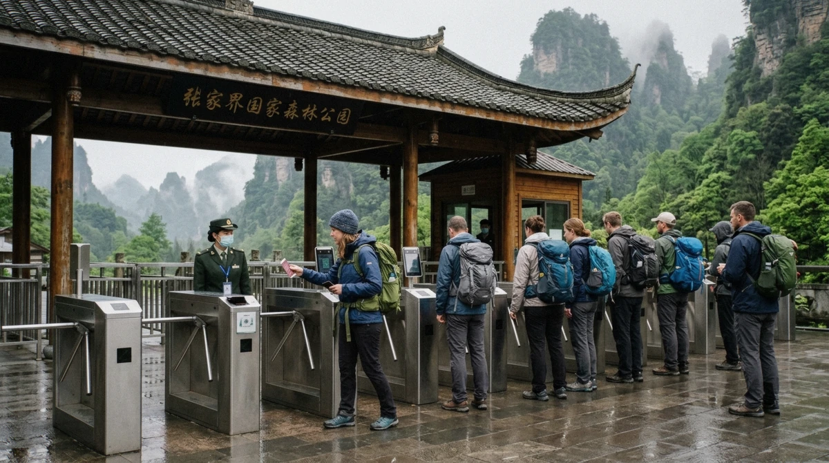 Visitors passing through the passport-scan turnstiles at a Zhangjiajie National Forest Park gate, Wulingyuan, Hunan China