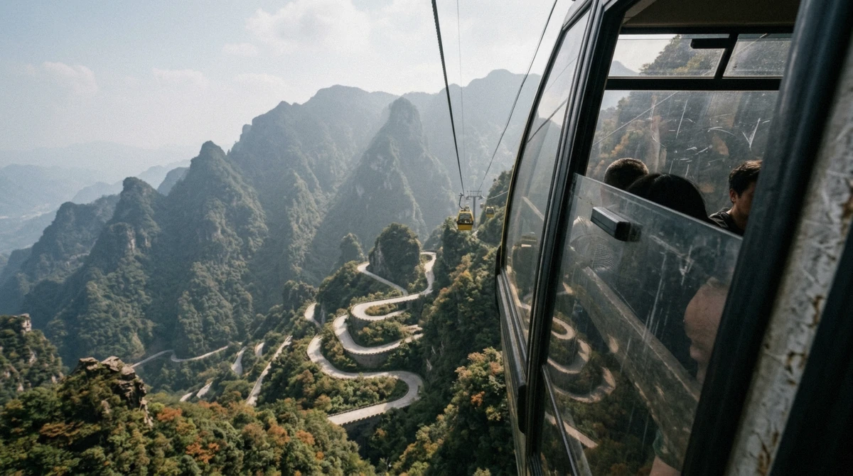 Cable car cabin above the 99-bend road on Tianmen Mountain, the separate ticket most Zhangjiajie National Forest Park tours add as a second day, Hunan China