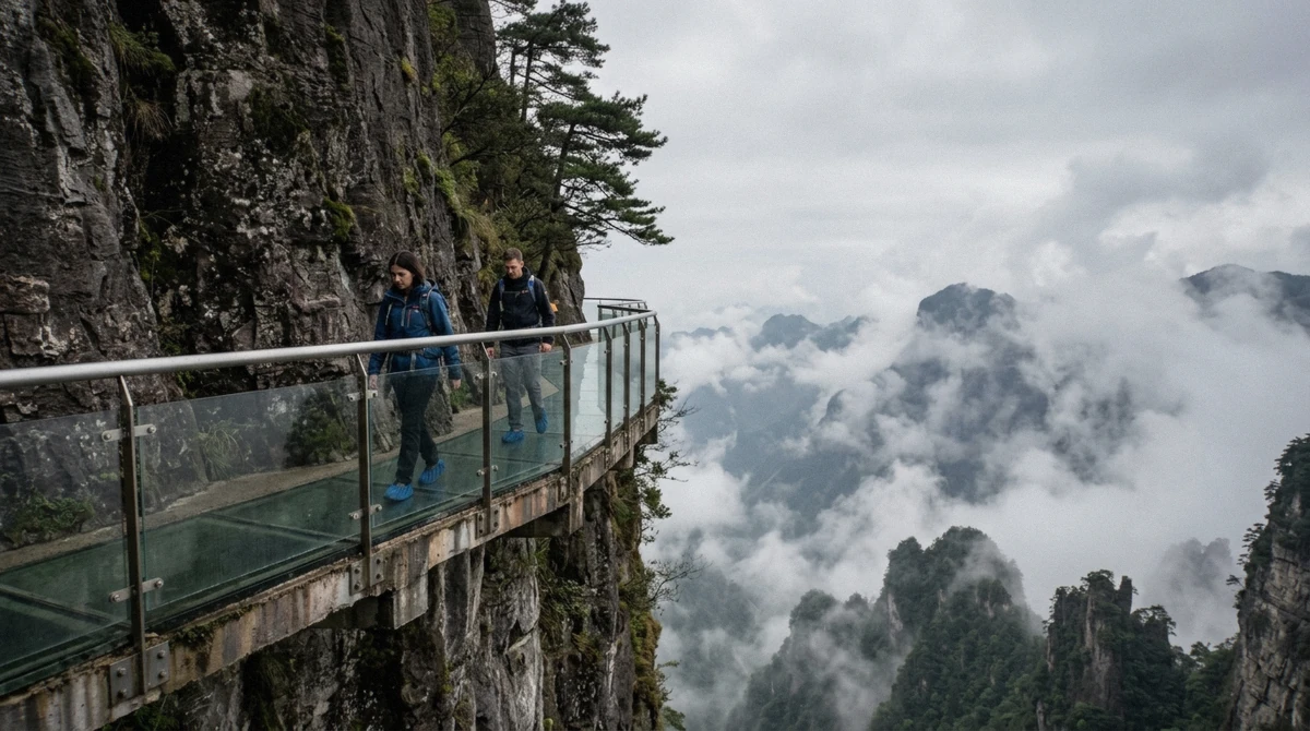 Visitors on the transparent cliffside glass walkway bolted to the rock face at the summit of Tianmen Mountain, Zhangjiajie, Hunan China
