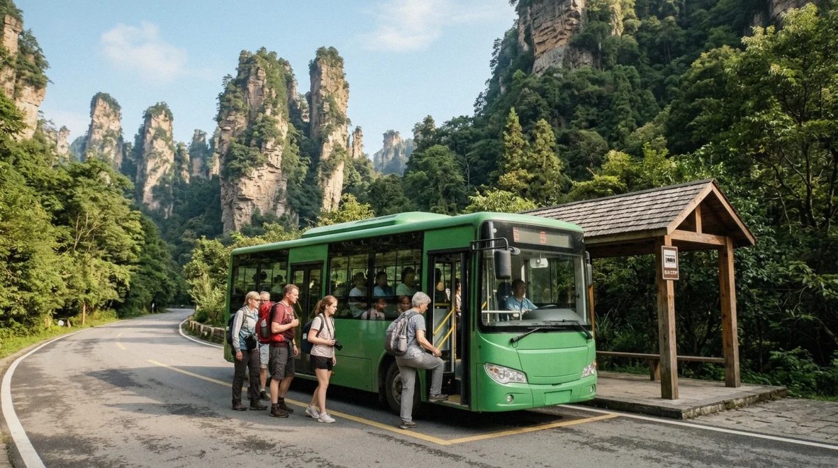 A coach waiting to load passengers for the ride to Wulingyuan, part of how to get to Zhangjiajie from either railway station