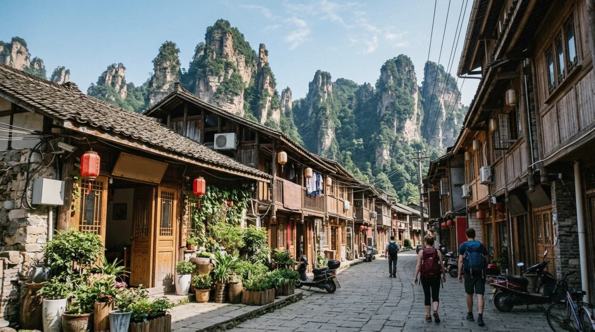 A quiet street of guesthouses in Wulingyuan near the East Gate, a top pick for where to stay in Zhangjiajie